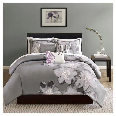 Gray/Purple Jasmine Watercolor Floral Duvet Cover Set 6pc 7 Gray/Purple Jasmine Watercolor Floral Duvet Cover Set 6pc - Image 7