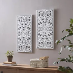 (Set Of 2) 15.5" X 31.5" Botanical Wood Carved Wall Panel White -Furniture Promotion Shop GUEST 53613693 7e9c 4ebb b141 5637a0c3d8c3