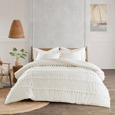 Elly Full/Queen 3pc Pom Pom Cotton Duvet Cover Set Ivory 2 Elly Full/Queen 3pc Pom Pom Cotton Duvet Cover Set Ivory - Image 2