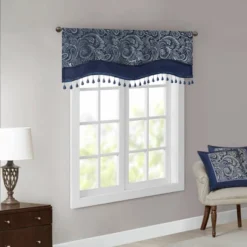 50"x18" Valerie Jacquard Room Darkening Window Curtain Panel With Beads Navy