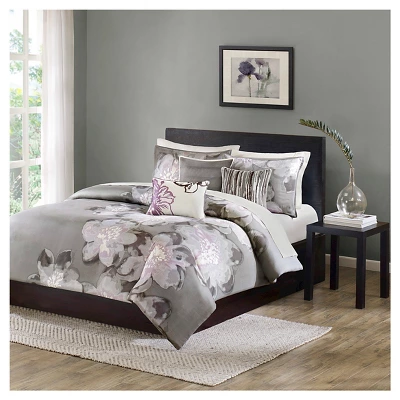 Gray/Purple Jasmine Watercolor Floral Duvet Cover Set 6pc 1 Gray/Purple Jasmine Watercolor Floral Duvet Cover Set 6pc