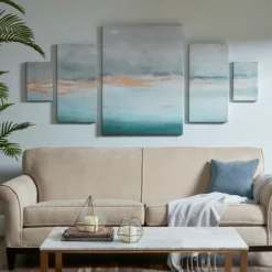 (Set Of 5) Glistening Marble Gel Coat Canvas Sand Decorative Wall Art Set Blue